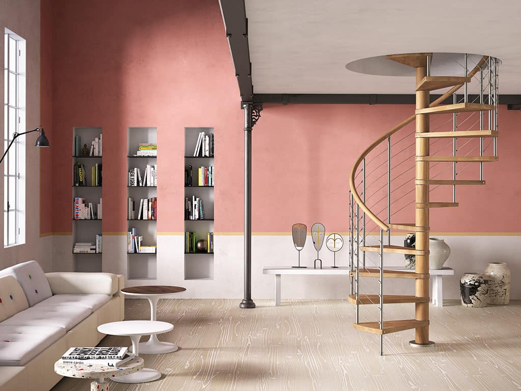 escalier en bois tournant et rampe en inox